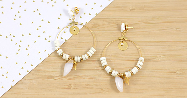 White and gold Creole Earrings Heishi and Shark tooth rondelles White and gold Creole Earrings Heishi and Shark tooth rondelles