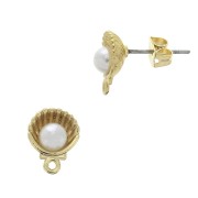 11.5x9mm Shell Earstuds with imitation mother-of-pearl bead - White - fine Gold plated x2