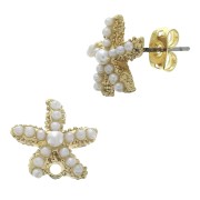 12mm Starfish Earstuds with imitation mother-of-pearl beads - White - fine Gold plated x2