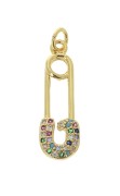 25x8mm Safety pin pendant with zirconium oxide jump ring - Gold Tone - Multicoloredx1