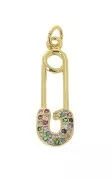 25x8mm Safety pin pendant with zirconium oxide jump ring - Gold Tone - Multicoloredx1