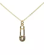 25x8mm Safety pin pendant with zirconium oxide jump ring - Gold Tone - Multicoloredx1
