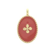 14x8.5mm Oval charm cross pattern and epoxy resin - fine Gold plated - Coral x1