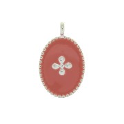 14x8.5mm Oval charm cross pattern and epoxy resin - fine silver plating - Coral x1