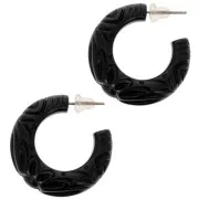 Earrings - 30mm Wide resin hoop earrings - engraved flower - Black x2 30mm Wide resin hoop earrings - engraved flower - Black x2