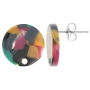 Round 15 mm Acetate Stud Earrings - Tortoiseshell Green - Fuchsia x2