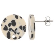 Round 15 mm acetate earstuds - Mottled Black - Beige x2