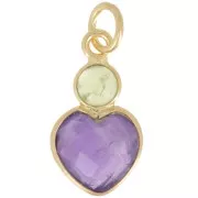 9x9mm Amethyst heart pendant and 4mm Peridot cabochon - Fine Gold Plated x1