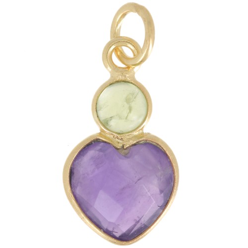 9x9mm Amethyst heart pendant and 4mm Peridot cabochon - Fine Gold Plated x1