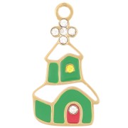 21x11mm 316L st. steel Christmas church charm - Epoxy resin - Gold - Green x1