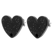 14x15.5mm Acrylic heart earstuds - Black glitter x2