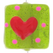 15x15mm Square glass bead - Heart pattern - Olive green - Red x1