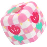 14mm acrylic cube bead - check and flower pattern - Pink - White x1