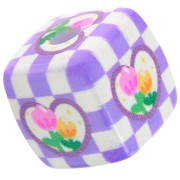 14mm acrylic cube bead - check and flower pattern - Violet - White x1