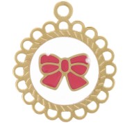 15mm 304L stainless steel round charm - bow pattern - Epoxy resin - Gold x1