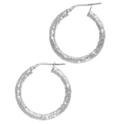 Hammered round hoop earrings 26 mm - Wire 3 mm - 925 Sterling Silver x2