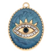 Oval 20x15 mm eye pendant - epoxy and rhinestones - 304 Gold stainless steel - Blue