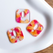 Acetate 21 mm hollow square pendant - Transparent marbled - Deep pink - Orange