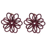 Thread flower earrings - 3D volume - 50x45 mm in raffia - Burgundy x2