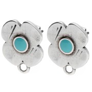 Flower stud earrings 16x13mm epoxy resin Fine silver plating Old Turquoise x2