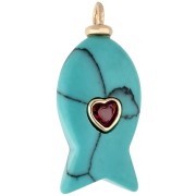 Fish pendant 28x13 mm with CZ heart and imitation gemstone - Turquoise x1