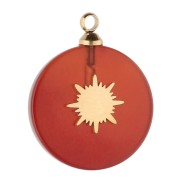 15 mm round charm, sunburst design - 304 gold stainless steel - Imitation carnelian x1