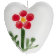 Ceramic heart bead 15 mm - flower motif - White - Red x1