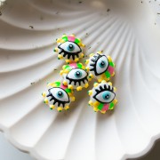 Round flattened 17 mm glass bead - eye pattern - Yellow - Green - Candy Pink x1