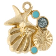 Shell & starfish pendant 21x20 m Gilded with fine gold - Blue glitter x1