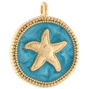 Round irregular 20 mm starfish pendant - Gilded with fine gold - Pearl turquoise
