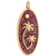 Oval pendant 28.5x12.5 mm with palm tree motif - Gilded with fine gold - Pink glitter x1