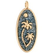 Oval pendant 28.5x12.5 mm with palm tree motif - Gilded with fine gold - Glittery blue-grey