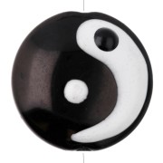 16.2 mm round flattened glass bead - Yin and Yang motif - Black - White x1
