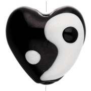 13.5x14 mm glass heart bead - Yin and Yang motif - Black - White x1