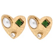Heart-shaped earrings, 17x18mm cabochons and rhinestones - Gold-plated 304 stainless steel - White x2