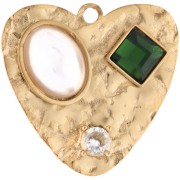 Heart Pendant, 17.5x18 mm, with cabochons and rhinestones - Gold-Plated 304 Stainless Steel - White - Green