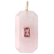 Rectangular Pendant, 34x15 mm, Gemstone and CZ - Rose Quartz - Pink or Purple