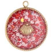 17.5 mm Round Charm with Seashell Pattern, Epoxy Resin, Gold-Plated 304 Stainless Steel - Red x1