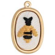 Oval Embroidered Pendant, 28x18 mm - Bee Pattern - Gold-Plated 304 Stainless Steel x1