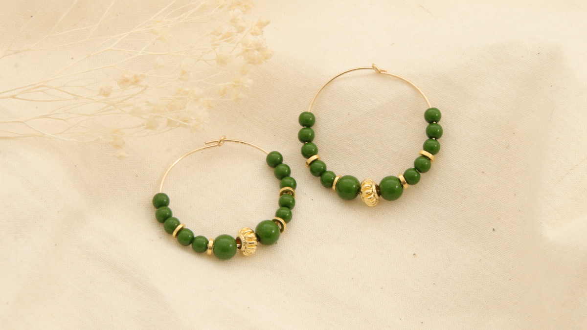 DIY Creoles olive green beads and gold washers DIY Creoles olive green beads and gold washers
