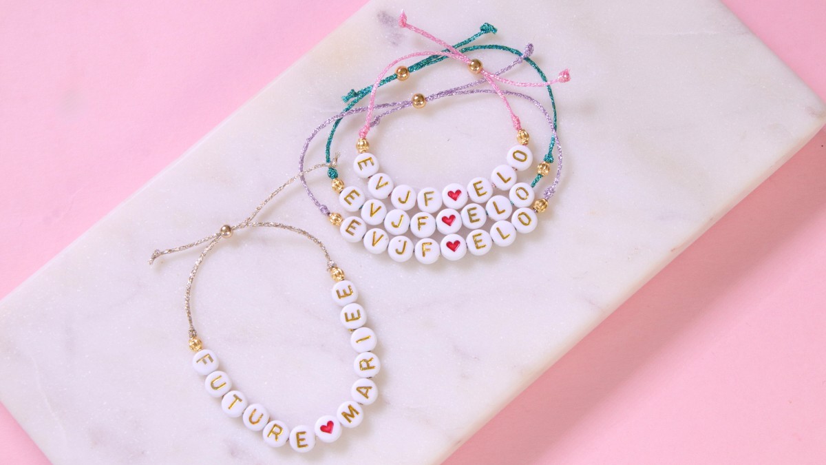 Bachelorette party bracelets with metallic thread and letter beads Bachelorette party bracelets with metallic thread and letter beads
