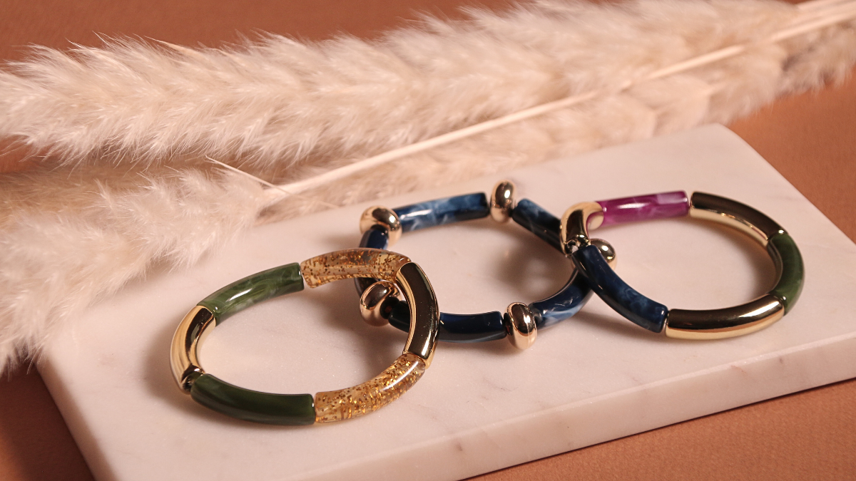 Elastic bracelets with tube beads, winter trend Elastic bracelets with tube beads, winter trend