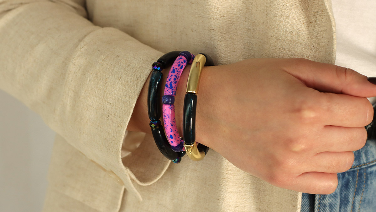 Curved Tubular Bead Bracelets Midnight Blue Turquoise and Pink Curved Tubular Bead Bracelets Midnight Blue Turquoise and Pink