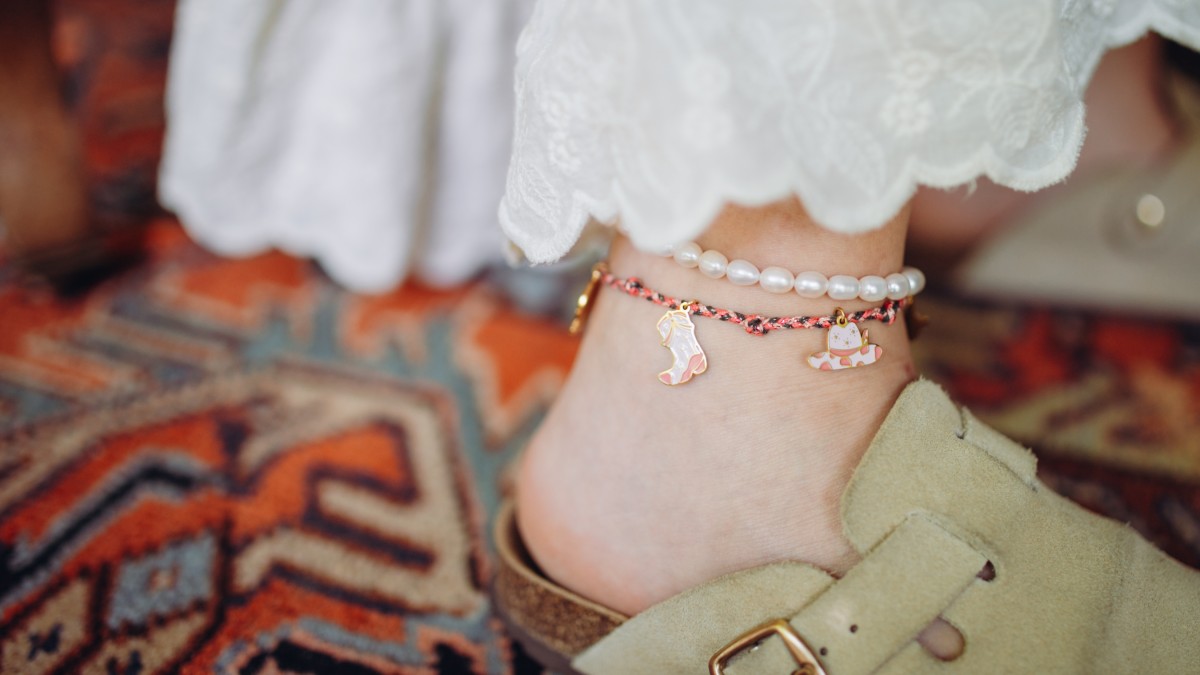 Ankle cord with cowgirl charms and freshwater pearl bracelet Ankle cord with cowgirl charms and freshwater pearl bracelet