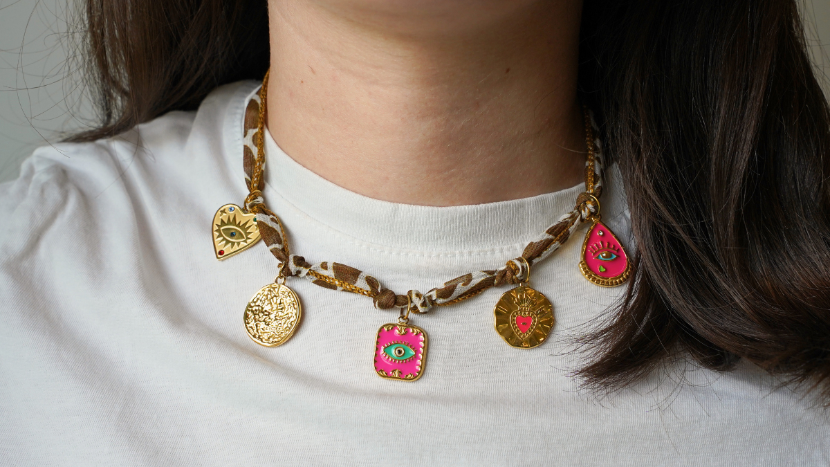 Cow pattern silk ribbon with gold charms Cow pattern silk ribbon with gold charms