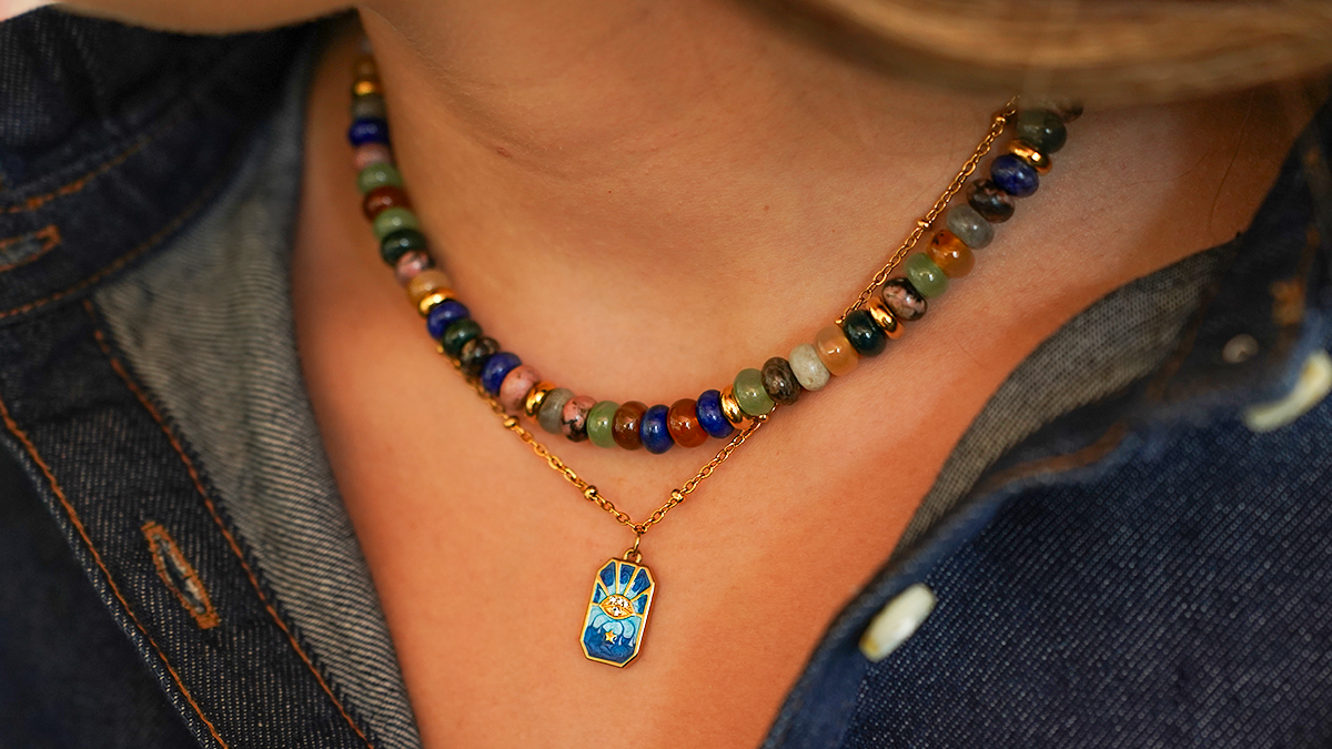 Double strand gem pearl necklace with gold-plated stainless steel chain and pendant Double strand gem pearl necklace with gold-plated stainless steel chain and pendant